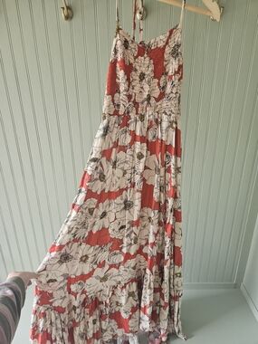 We The Free Rust and Cream Floral Smocked Maxi Dress